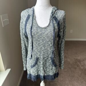 Eyeshadow Women's Long Sleeve Hoodie Tunic‎ Top S Blue Fringe Boho Casual